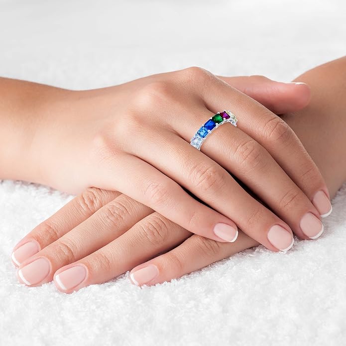 Sterling Silver Rhodium Polished 4mm Multi Color Asscher Princess Cut Cubic Zirconia Eternity Band for Women | AAA Cubic Zirconia Gemstone Engagement Wedding Band Ring | Sizes 5-10