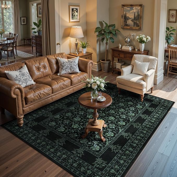 Lahome Floral Black Rugs for Living Room, Low Pile Soft Area Rugs 5x7 Rugs for Bedroom Non Slip, Stain Resistant Vintage Floral Rug for Dining Room Office (5'x7', Black/Green)