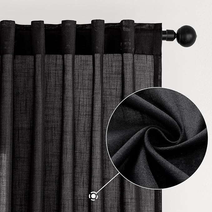 MIULEE Black Linen Curtains 84 Inch Length 2 Panels for Bedroom Living Room, Soft Thick Linen Textured Back Tab Window Drapes Semi Sheer Light Filtering Rod Pocket Modern Farmhouse Halloween Decor