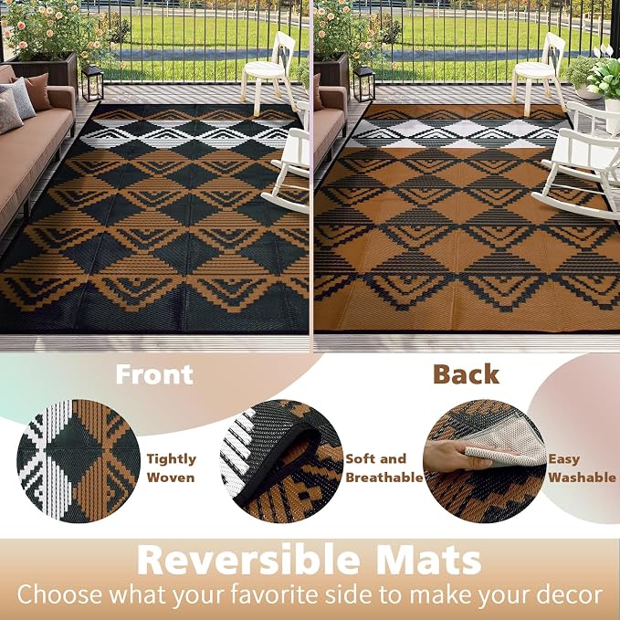 Beeiva Large Outdoor Rug 9x12 Waterproof for Patio, Reversible Plastic Straw Outdoor Rug for Backyard, Deck, Outdoor Furniture, Black Brown
