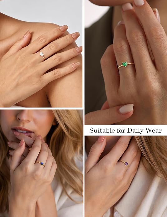 WFYOU Gold Heart Birthstone Rings for Women 14K Gold Plated Non Tarnish Stackable Pinky Cubic Zirconia Rings Emerald Dainty Gemstone Thumb Ring Band Cute Jewelry Birthday Gift Size 5-10