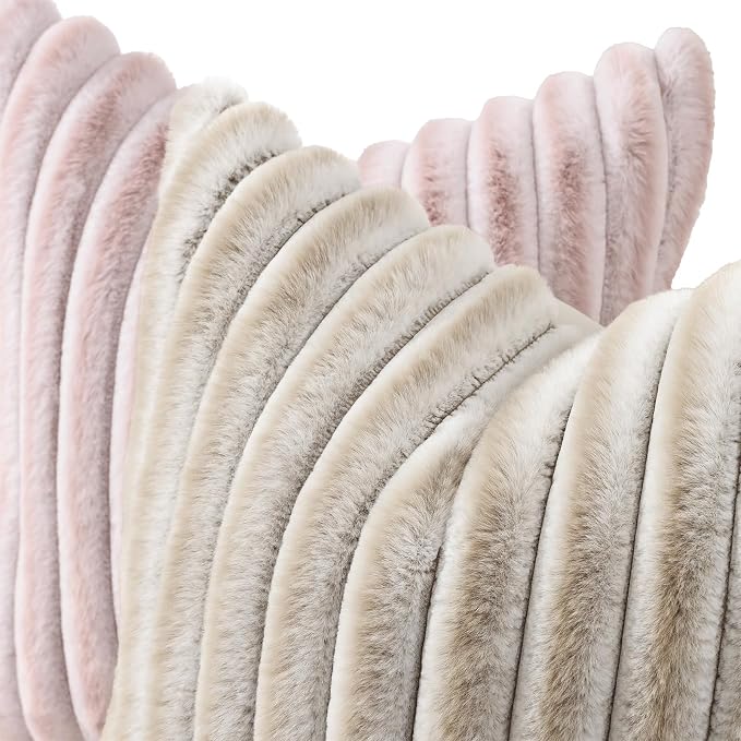 decorUhome Fall Faux Fur Throw Pillow Covers 24x24 Set of 2 Beige White | Decorative Soft Cozy Striped Plush Modern Farmhouse Boho Couch Pillow Cases Velvet Back for Sofa Bed Living Room Home Decor