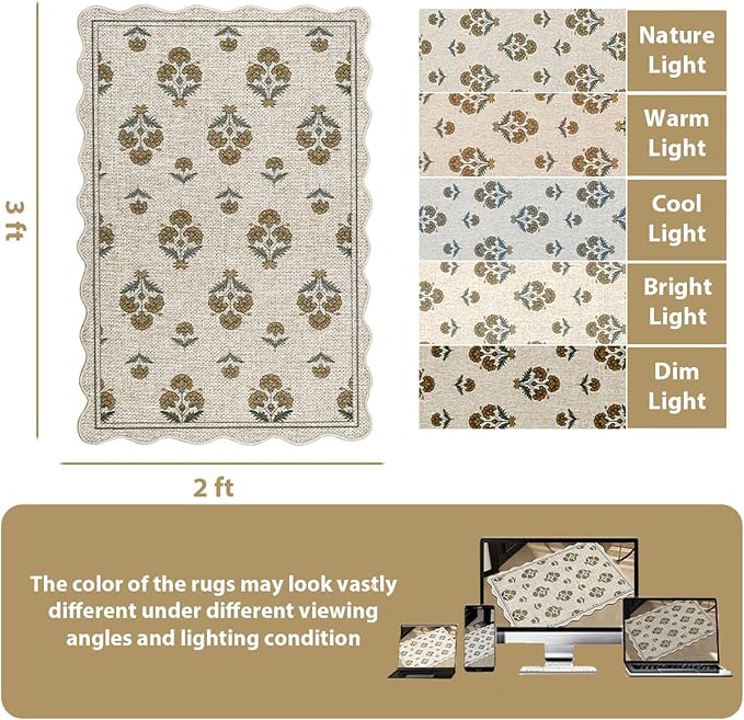 ORTIGIA Scalloped Easy Jute 2x3 Area Rug Vintage Yellow Block Floral Farmhouse Washable Rug Non-Slip Indoor Outdoor Carpet for Living Room Bedroom Kitchen Patio Entryway