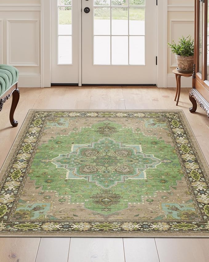 AMADA HOMEFURNISHING 3x5 Area Rug for Living Room, Vintage Washable Area Rug Low-Pile & Non-Slip Carpet for Bedroom Dining Room Nursery Home Office, Green