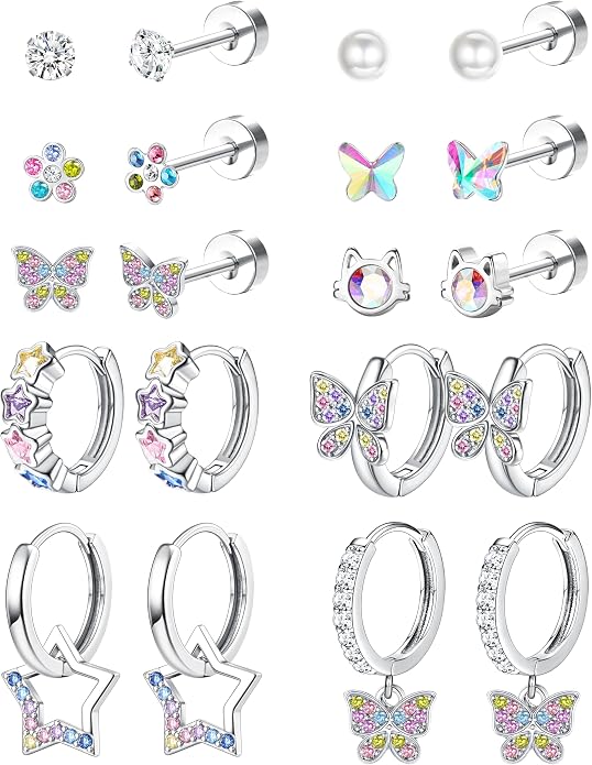 LOYALLOOK 14Pairs Hypoallergenic Screwback Earrings for Women Girls Tiny CZ Pearl Ball Heart Flower Screw Back Earring Studs 316L Stainless Steel Stud Earrings Flatback 20G Over 3 Years Old