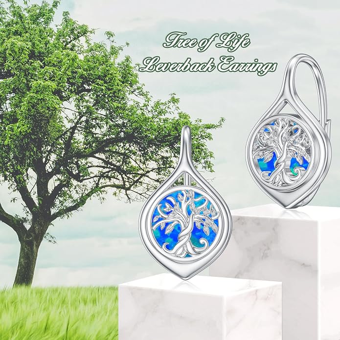 WINNICACA Leverback Earrings for Women 925 Sterling Silver Tree of Life Earrings Dangle Drop Turquoise Moonstone Moss Agate Heart Jewelry Gifts for Women Her Wife Anniversary Birthday Gifts