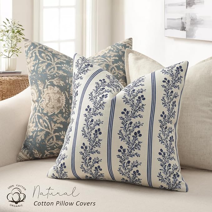 Vintage Throw Pillow Covers 20x20 Set of 2, Striped Floral Pillow Cover Botanical Patterned Decorative Cushion Covers Modern Farmhouse Home Decor for Sofa Couch Bed Living Room, Indigo Blue