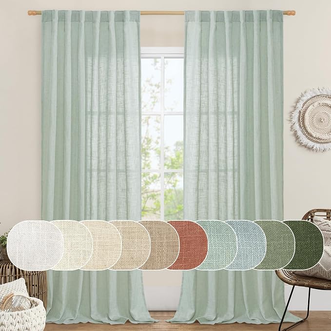 LAMIT Living Room Linen Curtains - 90 Inch, Back Tab & Rod Pocket, Light Filtering, Burlap Textured Sheer Curtains for Farmhouse, 2 Panels, 52 x 90 Inch, Light Sage