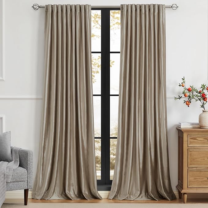 PRIMROSE Taupe Curtains 90 inch for Living Room,2 Panels Velvet Drapes Blackout Rod Pocket Back Tab Window Treatment Room Darkening Decorative Thick Curtains for Bedroom