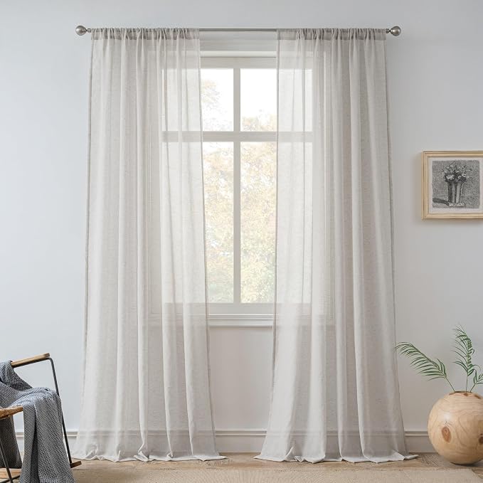 FMFUNCTEX Grey Flax Linen Sheer Curtains 63 Inch Long Rod Pocket 2 Panels | Semi Sheer Window Drapes Grey for Bedroom and Living Room, Farmhouse French Window Curtain Privacy