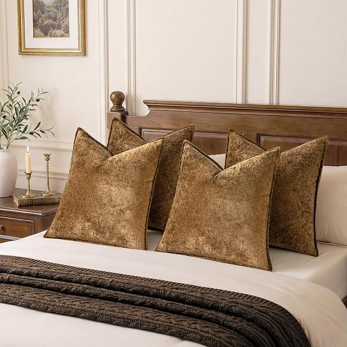 a moment Throw Pillow Covers 16X16 Inch 4 Packs,Soft Velvet Decorative Pillow Cases with 3D Ice Flower,Texture Modern Accent Cushion Covers for Sofa Couch Home Decor Golden Brown