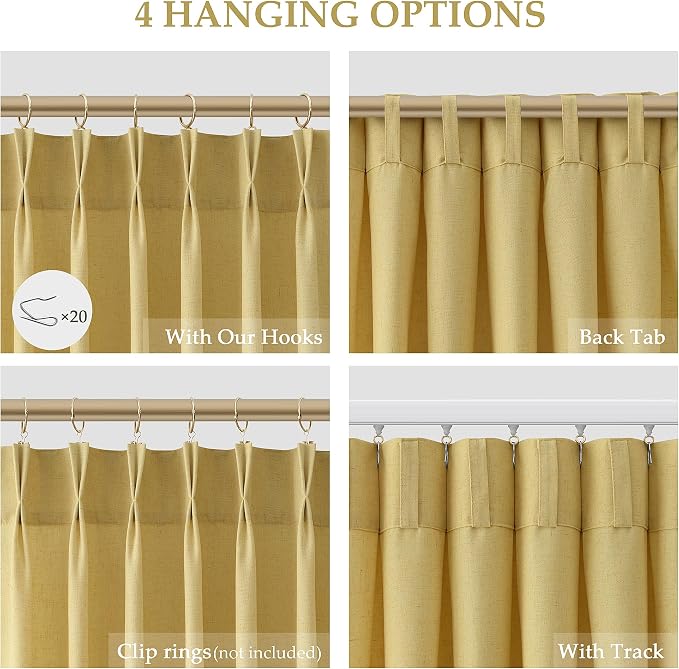 Aersas Yellow Pinch Pleated Linen Curtains 96 Inches Back Tab Flax Texture Fabric Vertical Light Filtering Semi Sheer Window Decorations for Living Room Balcony Bedroom with Hooks, 40x96 Inch