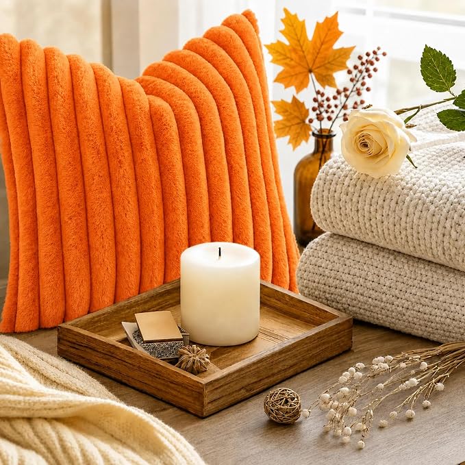 decorUhome Fall Faux Fur Throw Pillow Covers 26x26 Set of 2 Orange | Decorative Soft Cozy Striped Plush Modern Farmhouse Boho Couch Pillow Cases Velvet Back for Sofa Bed Living Room Home Decor