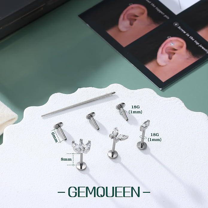 GEMQUEEN G23 Implant Grade Titanium 18G Internally Threaded Flat Back Earrings 5A CZ Studs: 14K Gold Hypoallergenic 3 Pcs Tragus Cartilage Conch Helix Piercing Jewelry for Sensitive Ears Women Men