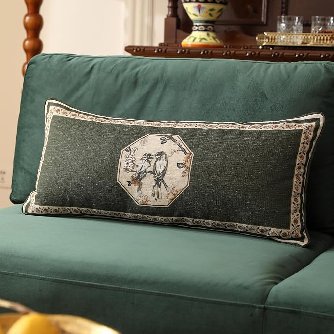 ISAENNE Vintage Elegant Linen Rectangle Throw Pillow Cover,28"x12"-Murad E | Designer French Green Pillow Cover,Concealed Zipper Design,Floral and Bird Pattern,Sofa,Bedroom,Living Room,Lounge Chairs