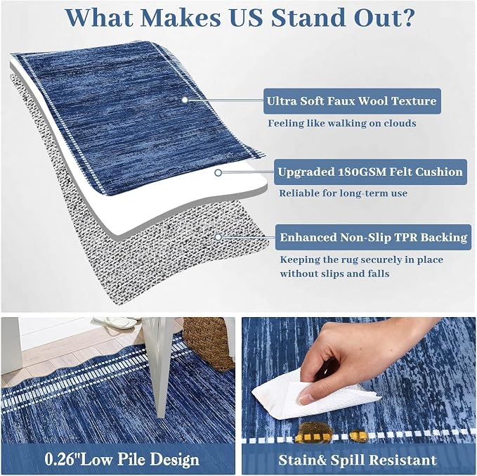 Garvee Scalloped Area Rug 9x12 Large Washable Rug for Living Room | Non-Slip Soft Carpet for Bedroom, Scalloped Low-Pile Solid Print Rug for Dining Room Home Office, Navy Blue