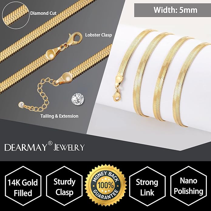 DEARMAY 14K Gold Plated Herringbone Necklaces for Women, Dainty Gold Snake Choker Chain Non Tarnish Trendy Simple Thin & Chunky Options Neckalce 1.5/3/5/6/8mm Chain Jewelry for Gifts