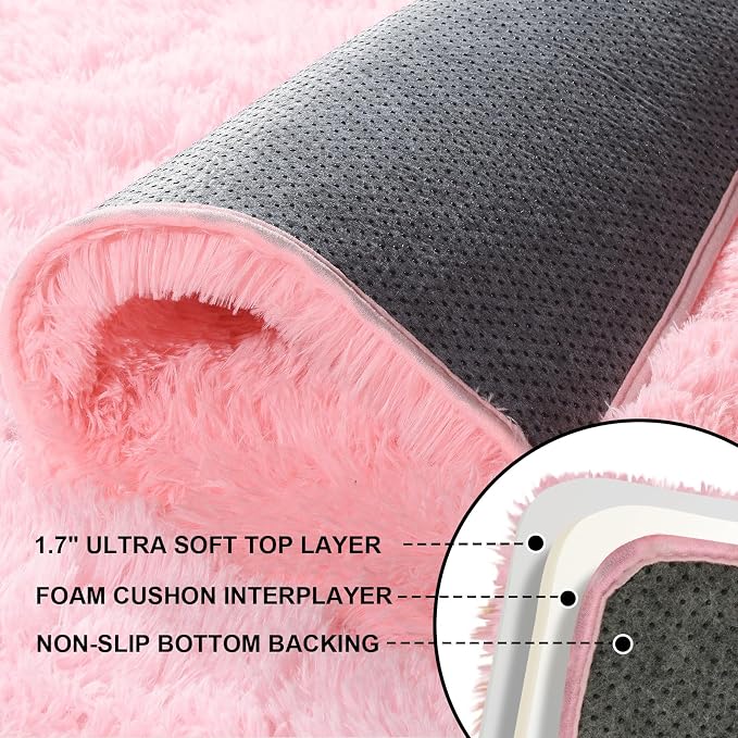 5x7 Pink Rugs for Bedroom Girls, Large Fluffy Area Rugs for Living Room, Fuzzy Shag Soft Non-Slip Carpet for Kids and Boys Nursery Dorm Indoor Room Home Decor (5ft X 7ft, Pink)