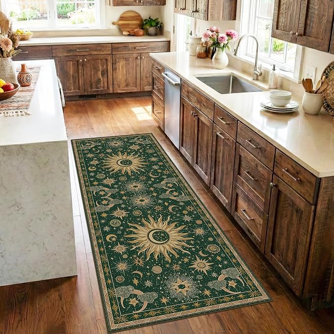 Vacuum-Friendly, 2x6 Washable Area Rug, Green Gold Yellow | Sun and Moon Boho Gothic Non-Slip Low Pile Living Roon Bedroom Dining Room Kitchen Entry Entryway Entrance Hallway Doormat