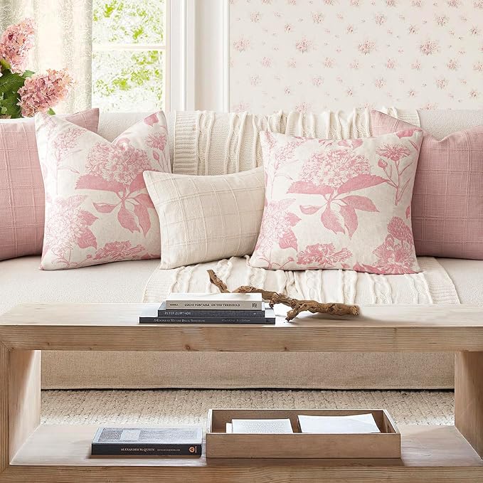 Foindtower Set of 2 Linen Floral Throw Pillow Covers Neutral Vintage Print Decorative Cozy Cushion Covers Farmhouse Boho Home Decor for Sofa Chair Couch Bedroom Living Room,18×18 Inch,Light Pink