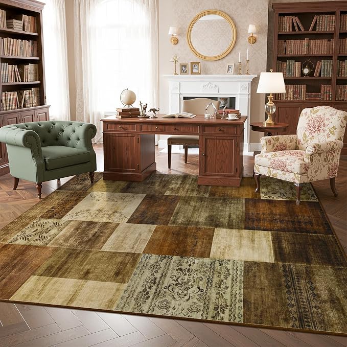 DweIke Washable Area Rugs 4x6 for Living Room, Modern Geometric Brown Soft Patchwork Carpet, Non-Slip Stain Resistant Throw Rug for Bedroom Dining Room Office Home Decor