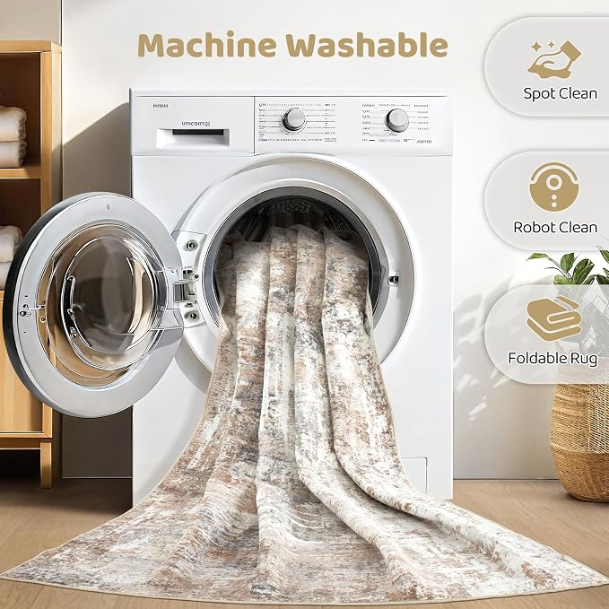 Runner Rug Kitchen Washable Rugs: 2x5 Non-Slip Abstract Soft Modern Stain Resistant Indoor Floor Neutral Accent Throw Carpet for Hallway Bathroom Laundry Room Entryway Bedroom- Brown
