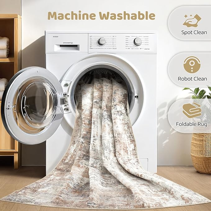 Runner Rug Kitchen Washable Rugs: 2x8 Non-Slip Abstract Soft Modern Stain Resistant Indoor Floor Neutral Accent Throw Carpet for Hallway Bathroom Laundry Room Entryway Bedroom- Brown