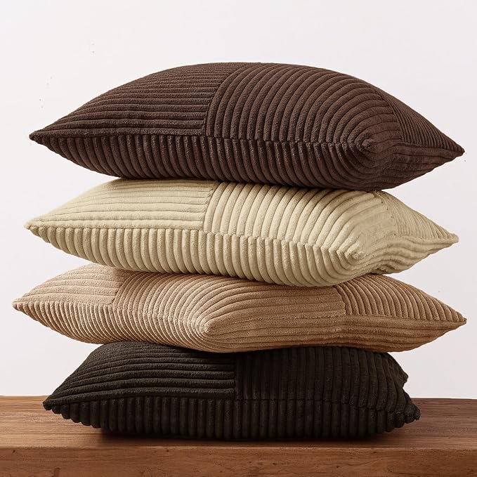 MIULEE Boho Decorative Throw Pillow Covers 20x20 Set of 4 Farmhouse Neutral Cushion Cases Gradient Corduroy Pillow Cases Modern Soft Corduroy Patchwork Home Decor for Couch Sofa Bedroom Dark Brown