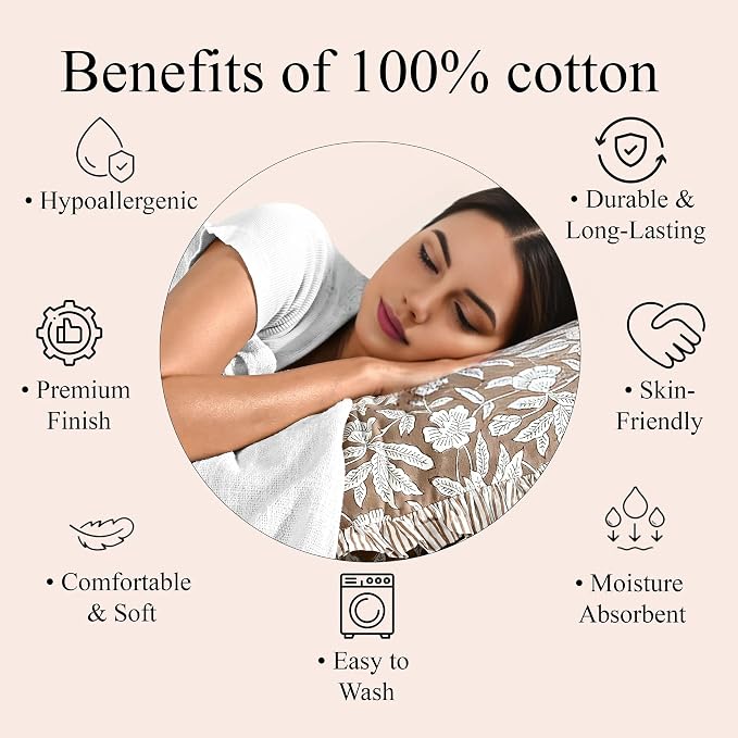Ridhi Oak Brown Modern Farmhouse Pillow 16x16 Covers Block Print Cotton Throw Pillow Cover Set of 2 Cushion Covers with Ruffle for Couch Sofa Bed Living Room Decor Spring Easter
