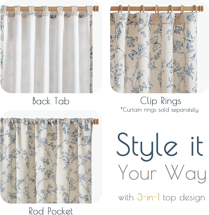 Lazzzy Charlotte Blue Floral Curtains 84 Inch Length Lined Linen Farmhouse Back Tab Drapes for Living Room Bedroom Light Filtering Vintage Rod Pocket, 2 Panels, Blue on Beige