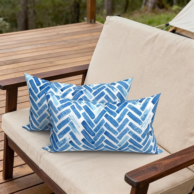 Outdoor Lumbar Pillows, Water Repellent Cushion Pillows 12x20 Inch, Outdoor Pillows with Inserts for Home Garden, Pack of 2, Blue Bricks