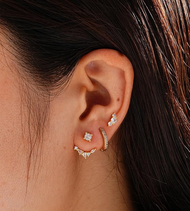 6 Pairs 14K Gold Plated Stud Earrings for Women, Hypoallergenic Cartilage Earrings for Multiple Piercing, Dainty Small Stackable Earrings Set for Jewelry Gift