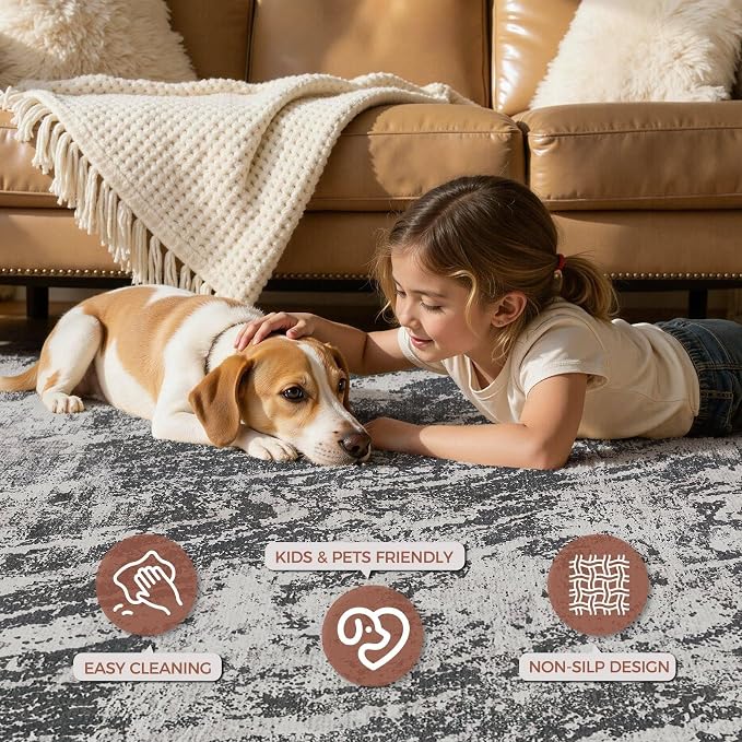 DMOYEST 6x9 Washable Area Rug: Abstract Modern Non-Slip Carpet, Soft Low Pile Indoor Neutral Easy Clean Floor Rugs for Living Room Bedroom Dining Room Kids & Pets - Black