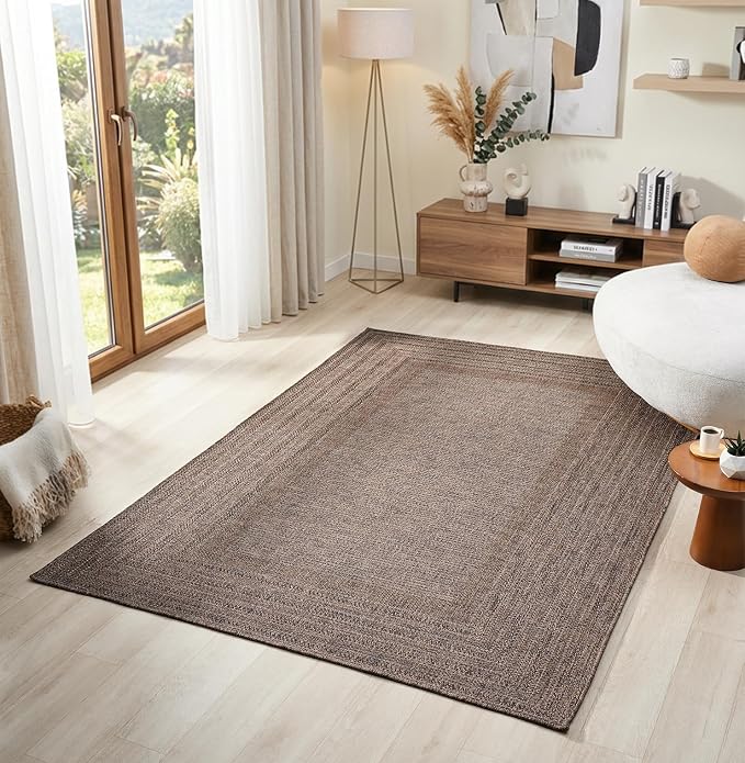 Berry Easy Jute Indoor Outdoor Rug, 8x10 Neutral Bordered Jute Look, Weather Resistant, Easy Care, Lightweight Outdoor Farmhouse Carpet for Patio, Porch, Living Room (8' x 10', Brown)