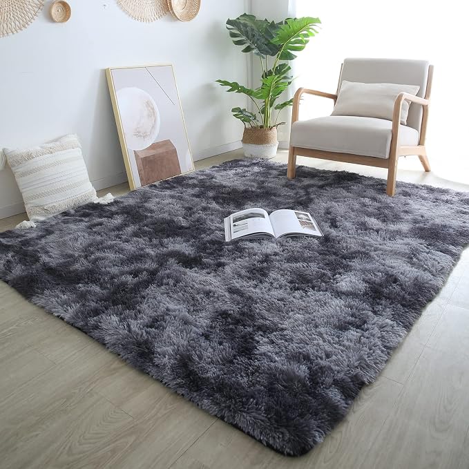 CAIYUECS Shag Area Rug,Indoor Ultra Soft Fluffy Plush Rugs for Bedroom Living Room, Non-Skid Modern Nursery Faux Fur Rugs for Kids Room Home Decor (Tie-Dyed Dark Gray, 6x9 Feet) | Ultra Soft Shag Microfiber Memory Foam Cushioning For Cloud-Like Barefoo...