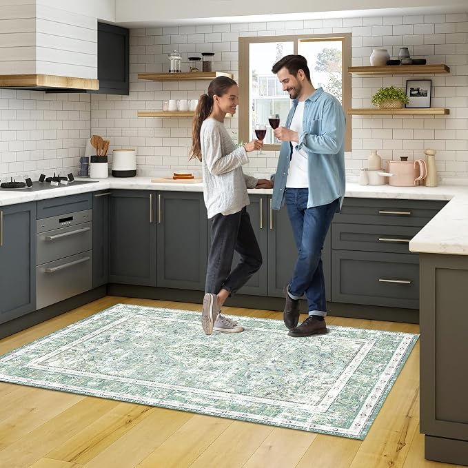 Vhong Boho Area Rugs Washable Vintage Modern Neutral Small Carpet Sage Green 3×5 High Traffic Rugs for Dinning Room Living Room Bedroom Farmhouse Non Slip