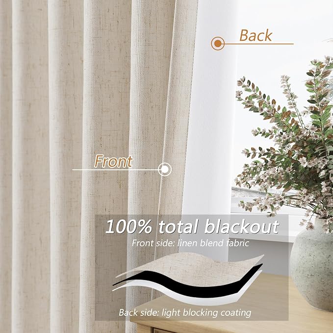 Guken Extra Long 100% Blackout Linen Curtains for Bedroom 120 inches Long, Thermal Insulated Room Darkening Black Out Drapes for Living Room, Back Tab Rod Pocket 2 Panels Set,Cream Beige,52x120
