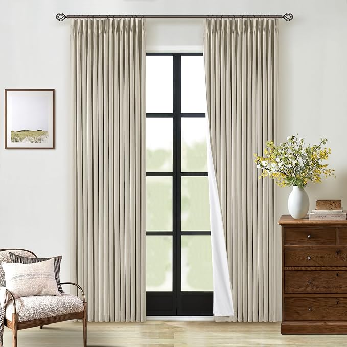 Oatmeal Pinch Pleated Full Blackout Curtains Linen Blend 80 Inches Long | Room Darkening Window Curtains, for Living Room Bedroom, Thermal Insulated, Back Tab Pinch Pleat with Hooks Rings, 2 Panels