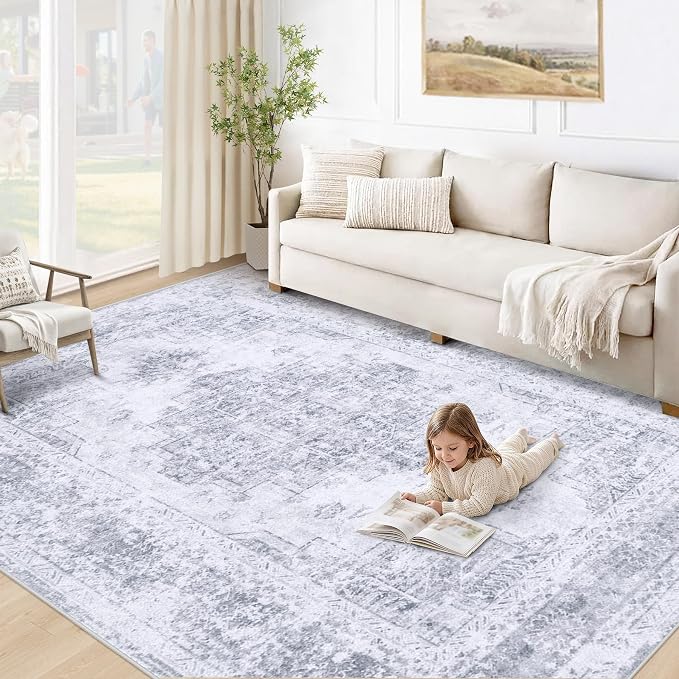 XLUEZ Area Rug 5x7 Living Room Rug, Machine Washable Vintage Distressed Medallion Rug Non-Slip Soft Low Pile Large Indoor Rugs for Bedroom Kitchen Dining Room Office(LightGrey,5'x7')
