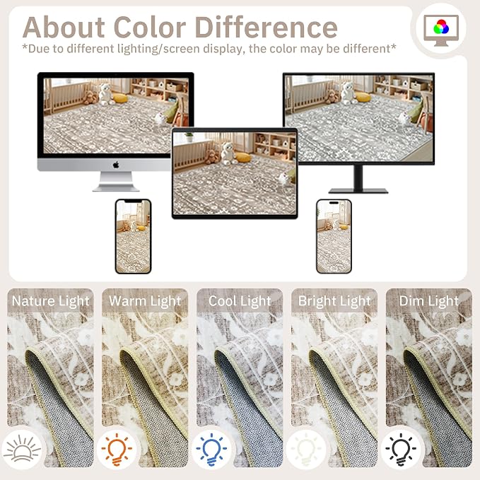 Soalmost 6x9 Area Rugs for Living Room, Washable Neutral Rug Light Brown | Vintage Floral Soft Stain Resistant Non-Slip Low Pile Thin Carpet for Dining Room Bedroom Kitchen Home Office Nursery 6'x9'