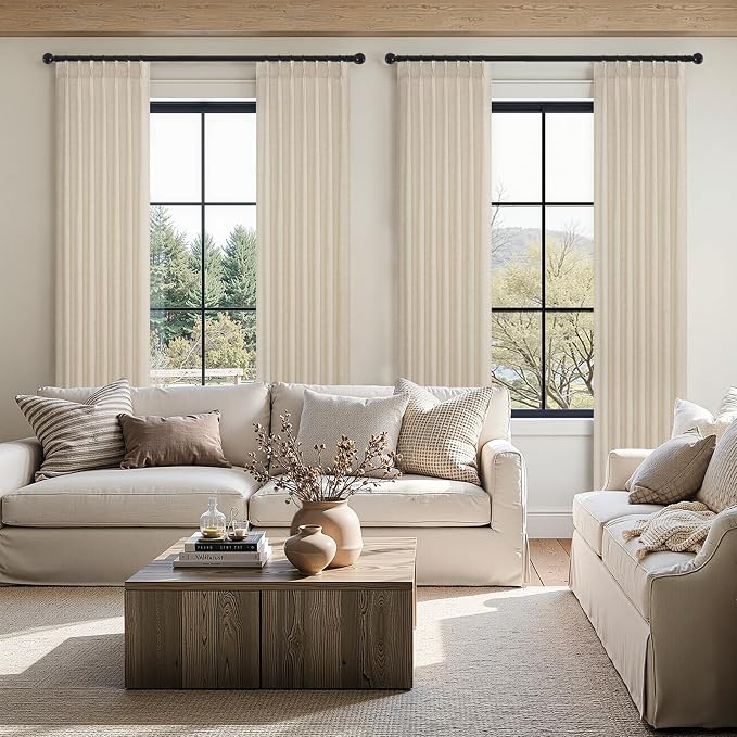 120 Inches Long Pinch Pleated Semi Sheer Curtains,Beige Linen Blended Light Filtering Window Curtains 120 Length 2 Panels for Living Room Bedroom Pinch Pleat Drapes with Hooks 2 Panels 40" Wx120 L