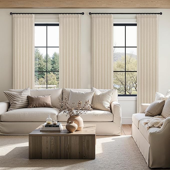 92 Inches Long Pinch Pleated Semi Sheer Curtains,Beige Linen Blended Light Filtering Window Curtains 92 Length 2 Panels for Living Room Bedroom Pinch Pleat Drapes with Hooks 2 Panels 40" Wx92 L