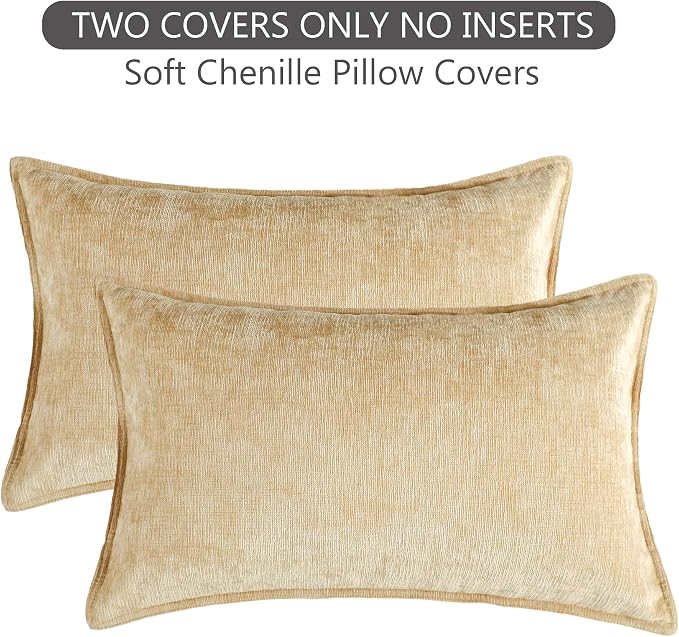 Stellhome Lumbar Chenille Throw Pillow Covers Set of 2 Super Soft Textured Decorative Pillow Covers Accent Solid Cushion Cover for Couch Sofa Bedroom Living Room 12x20 Inch, Yellow