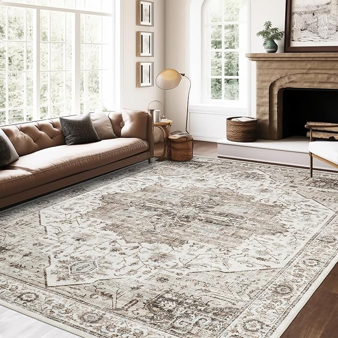 Roxstand 5x7 Washable Area Rugs, Non Slip Living Room Rug Brown | Low Pile Vintage Rug, Stain Resistant, Non-Shedding Design, Pet & Kid Friendly, Carpet for Bedroom, Dining Room Office