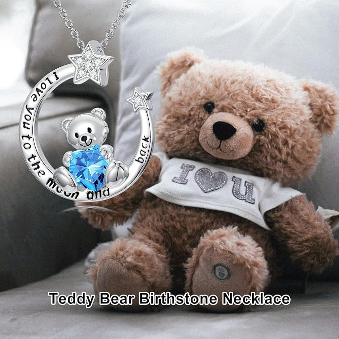PELOVNY Teddy Bear Necklace for Women 925 Sterling Silver Bear/Highland Cow/Fox/Cat/Axolotl Birthstone Necklace Christmas Birthday Jewelry Gifts for Mom Daughter Wife Sister