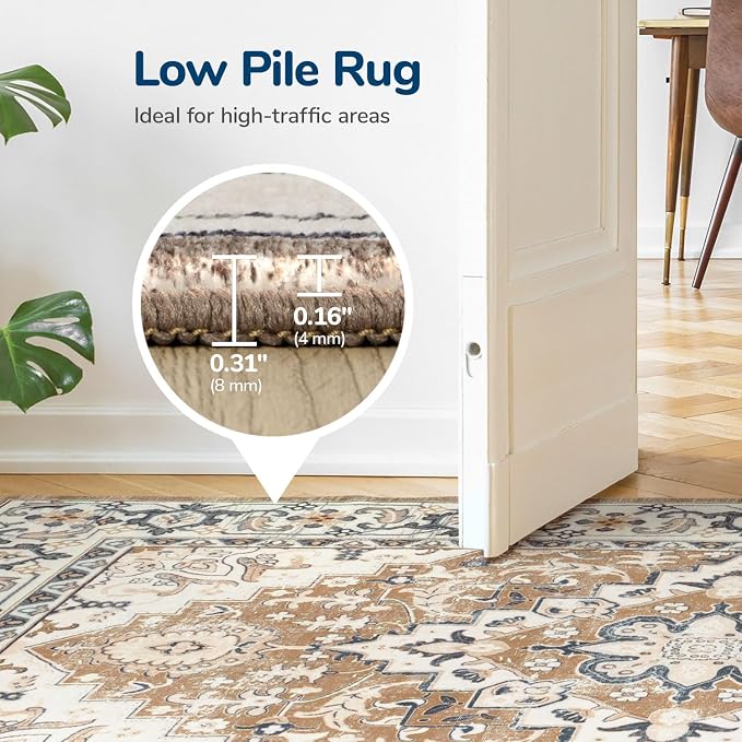 Lessymo Area Rugs 9x12 Living Room- Large Area Rug Machine Washable Area Rug for Bedroom Living Room, Vintage Rugs Boho Floral Medallion, Non-Slip Rubber, Low Pile, Kid & Pet Friendly, Brown Beige