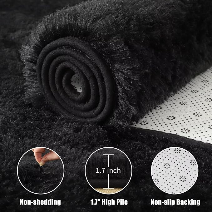 Macgace Small Throw Rugs for Bedroom, 2x3 Black Mini Non-Slip Area Rug, Super Soft Plush Fluffy Carpet Modern Home Decor Aesthetic for Entryway Entrance Nursery Kids Room Dorm Office