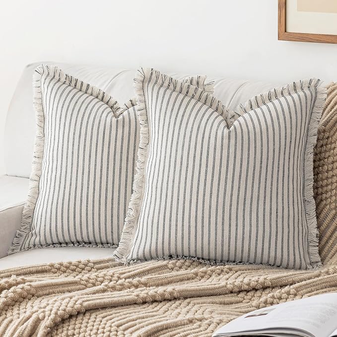 YEENAASY Throw Pillow Covers 26x26 Set of 2 Striped Fringe Pillow Cover Farmhouse Cushion Covers with Tassel Neutral Boho Pillows Decorative Square Pillowcase for Couch Sofa Bed, Grey