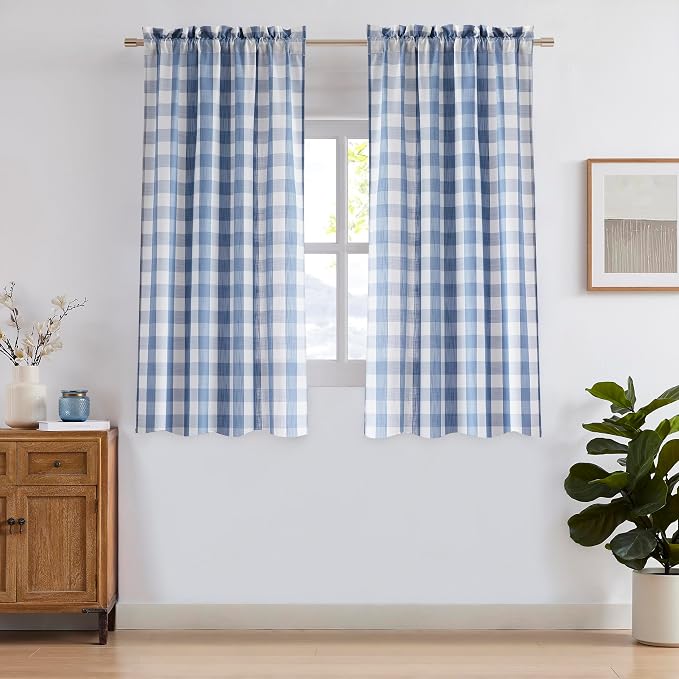 Blue White Buffalo Check Semi Sheer Curtains 54 Inch Rod Pocket | Plaid Gingham Geometric Window Treatment,Rustic Farmhouse Drapes for Bedroom Living Room,Yarn Dyed Fabric,40"Wx54“L,Pack of 2