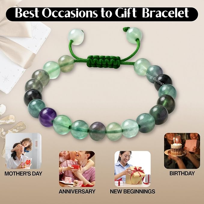 Amazing Gemstone Multi Fluorite Bracelet for Women Men's Gifts - Protection Healing Crystal Bracelet - 8mm Gemstones Beaded Adjustable Bracelet Pulseras para Hombres Mujer Stocking Stuffers